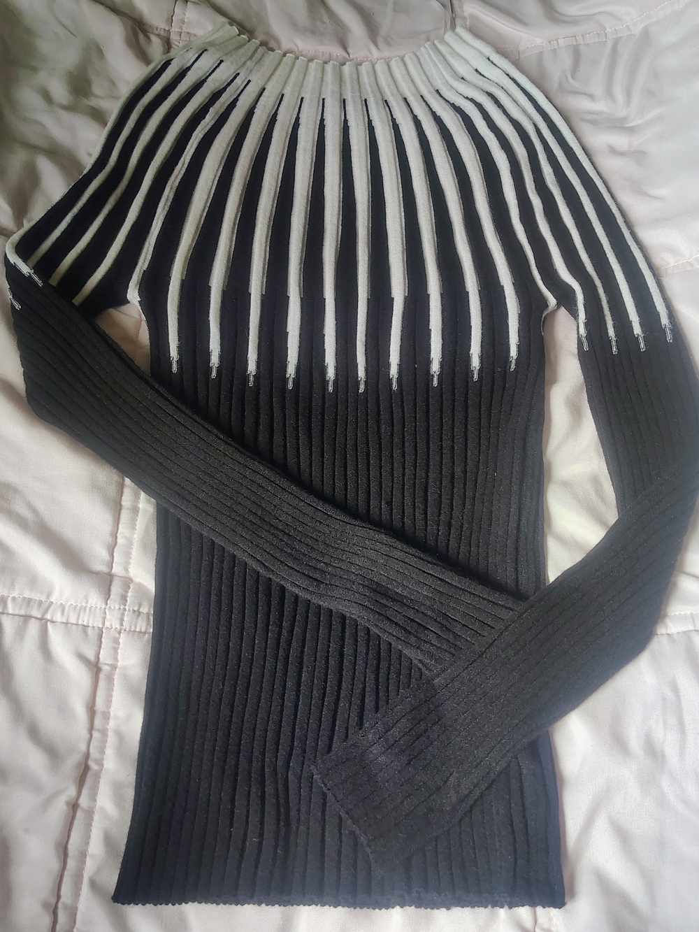 Ribbed Black Sweater with White Yoke Detail